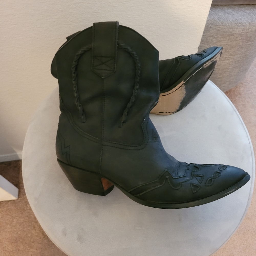 Black leather cowgirl ankle boots